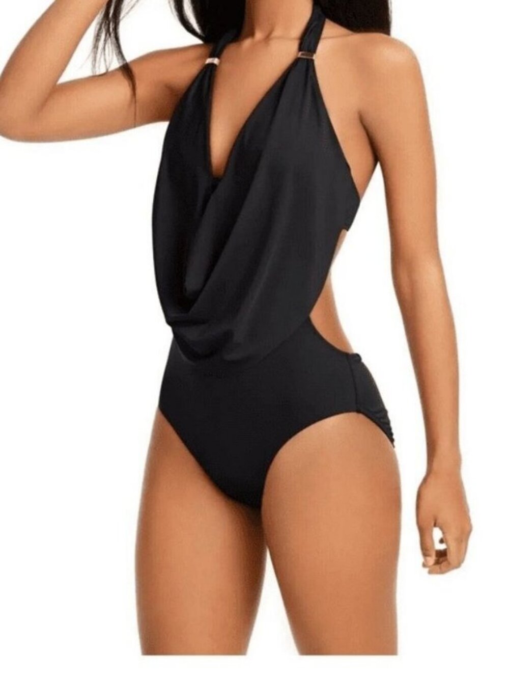 Bar III Core Solids Halter Cutout One Piece Swimsuit XL Black NWT MSRP $88